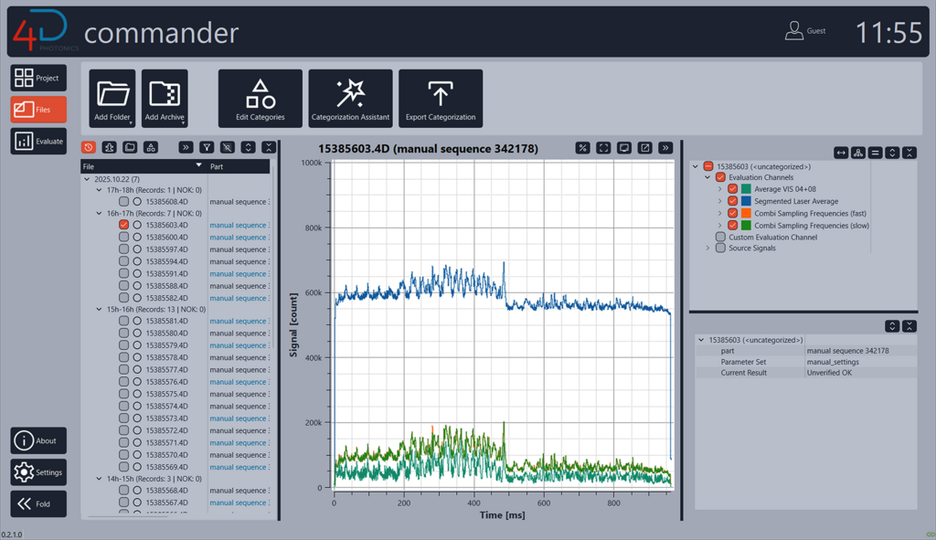 4D.commander software main window displaying measurement files, evaluation channels and signal curves